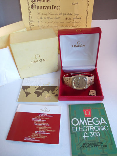Omega Electronic f300 hz Geneve Chronometer Officially Certified ref 198.0070.169 caliber 1250 vintage watch with box and papers